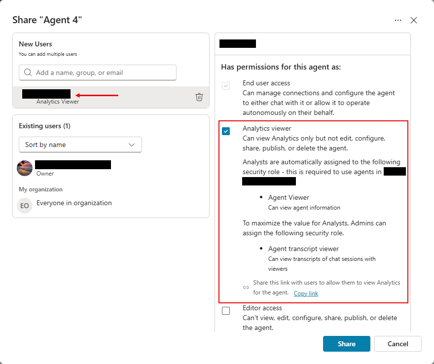 Screenshot des Bereichs „Agent freigeben“, in dem einem Benutzer „Analyse-Viewer“-Zugriff gewährt wird.
