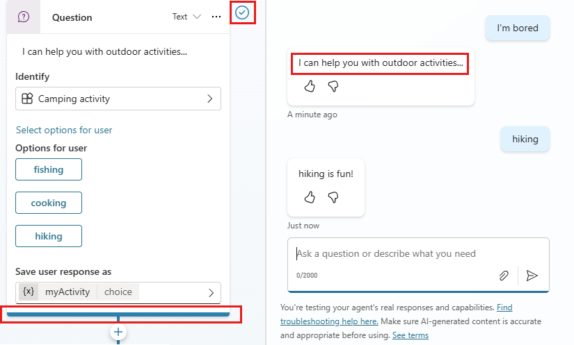 Screenshot eines Knotens mit einem farbigen Häkchen und Rahmen.