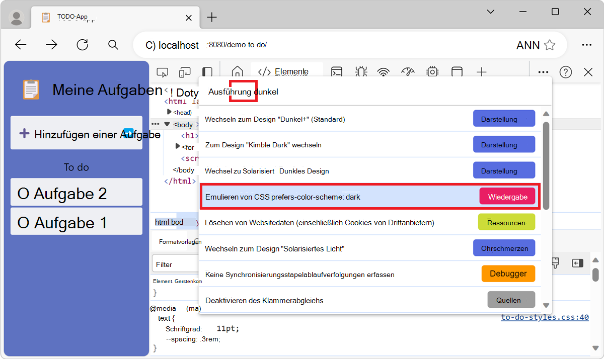 Emulieren des dunklen oder hellen Modus mithilfe der Befehle 