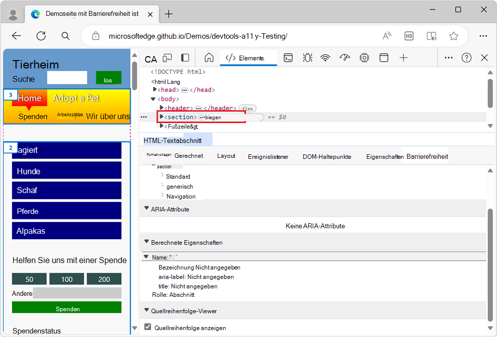 Die Überlagerung des Quellreihenfolge-Viewers für das Abschnittselement