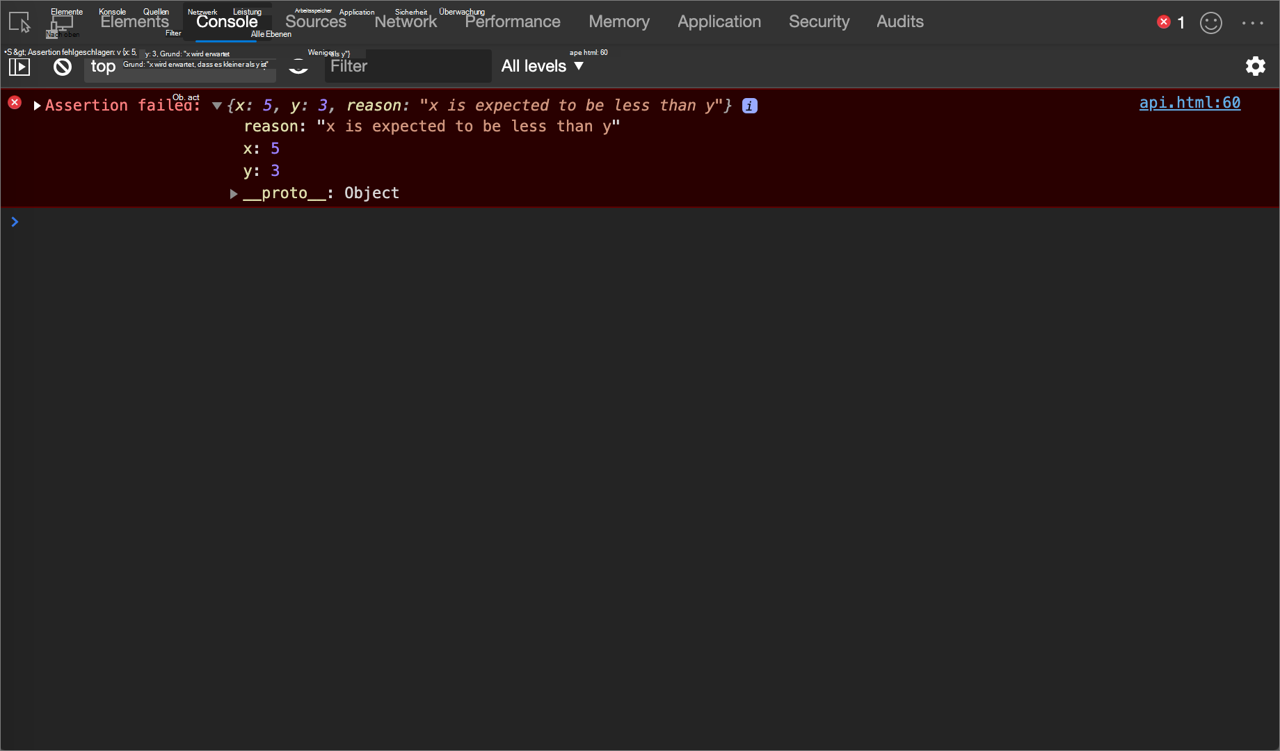 Das Ergebnis des Console.assert()-Beispiels