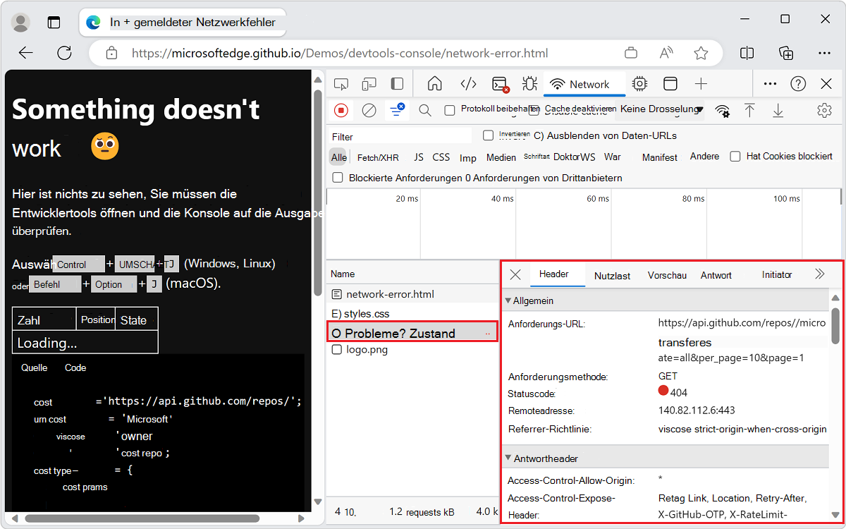 Die Überprüfung der Header im Netzwerktool kann zu mehr Erkenntnissen führen.