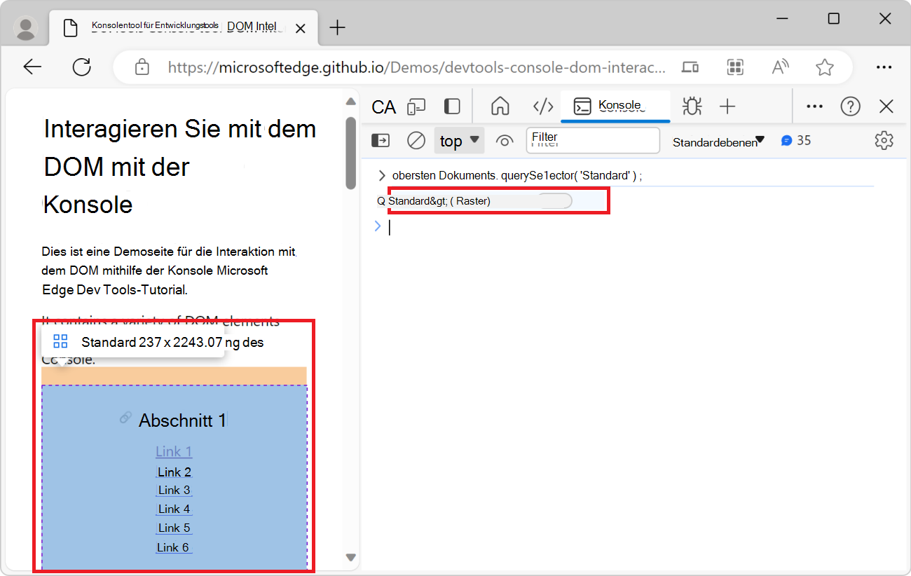 Das Hauptelement, hervorgehoben auf der gerenderten Webseite