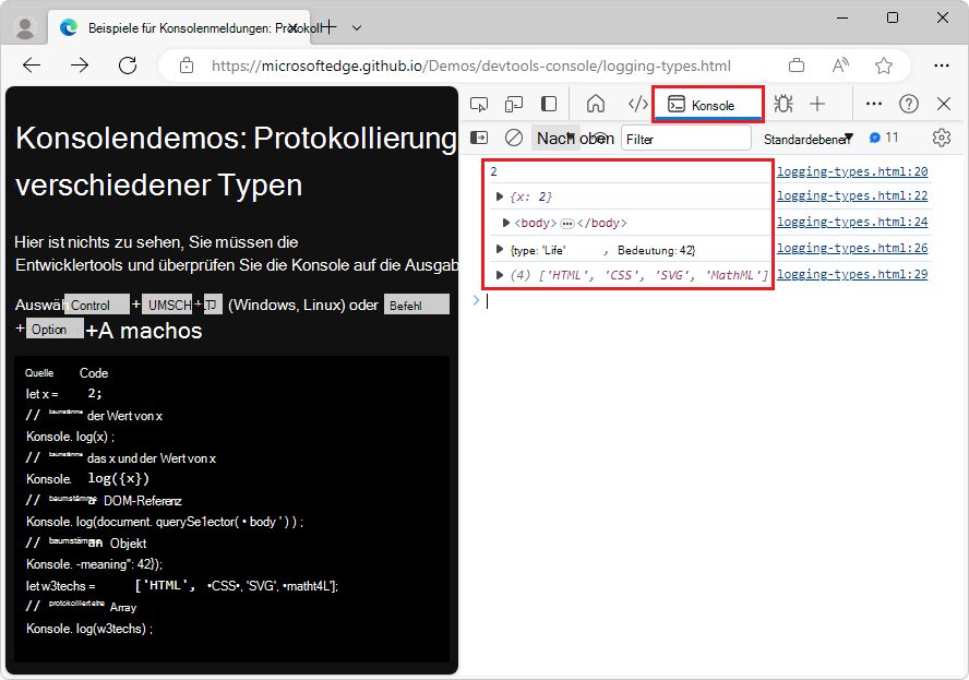 Protokollvariablen unterschiedlicher Typen in der Konsole