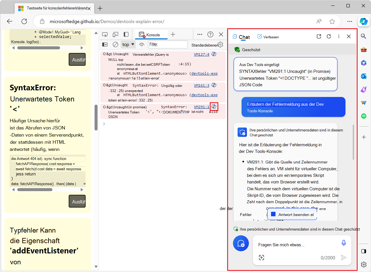 Copilot in der Microsoft Edge-Randleiste mit der Fehlermeldung und der Erklärung.