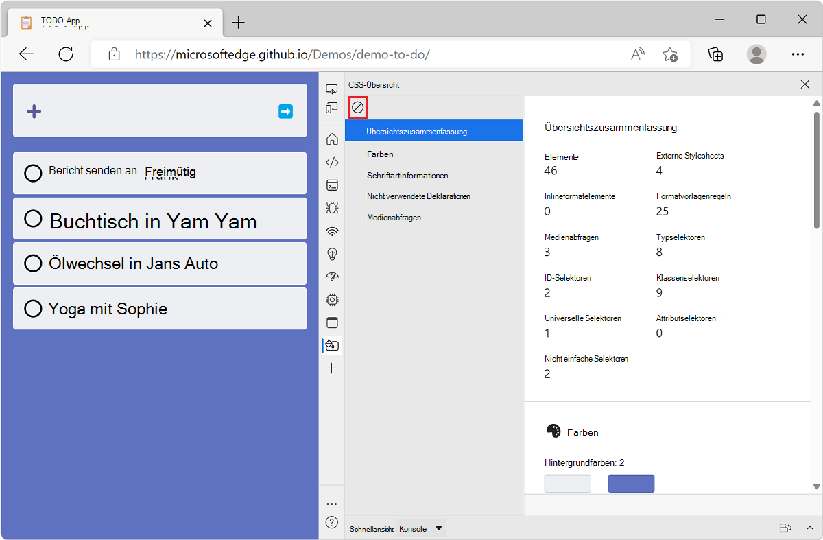 Microsoft Edge mit der Demo-App für die TODO-Liste und DevTools daneben mit einem CSS-Übersichtsbericht mit der Schaltfläche Übersicht löschen oben