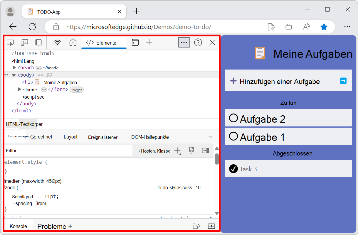 DevTools links angedockt