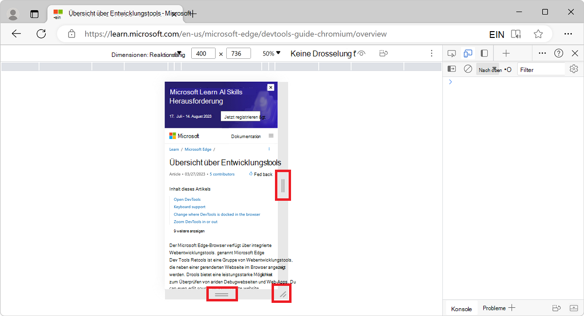 Die Ziehpunkte zum Ändern der Dimensionen des Viewports im modus 