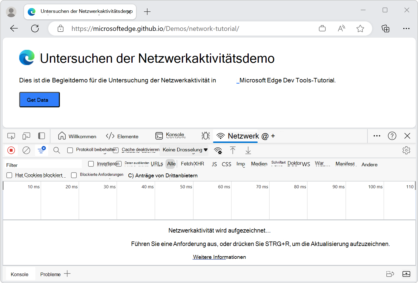 Netzwerktool in DevTools, wobei DevTools am unteren Rand des Fensters angedockt ist