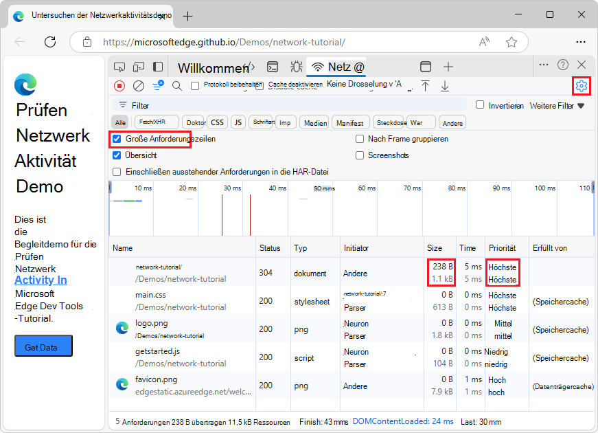 Beispiel für große Anforderungszeilen im Bereich 