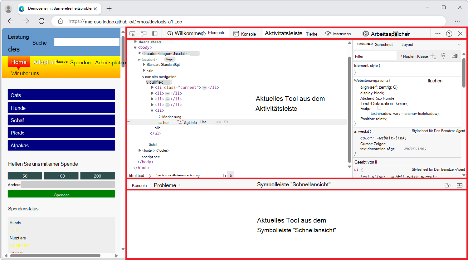 Microsoft Edge mit geöffneten DevTools auf der Seite, wobei die vier Hauptbereiche der Benutzeroberfläche hervorgehoben sind