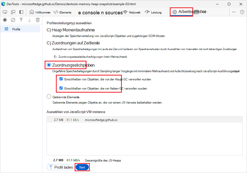 Gc-Einstellungen für die Zuordnungsstichprobe