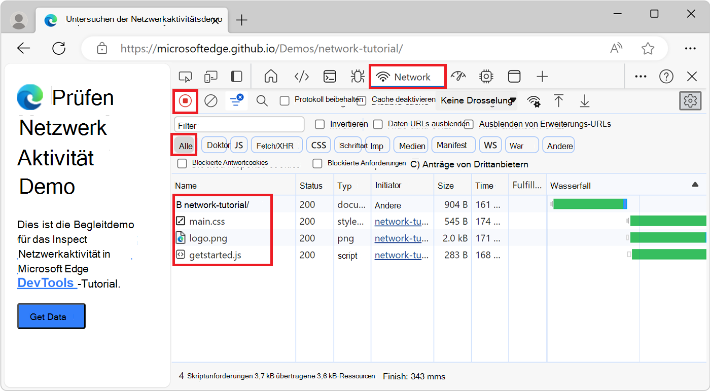 Im Netzwerkprotokoll aufgelistete Ressourcendateien der Webseite, eine Ressourcendatei pro Zeile