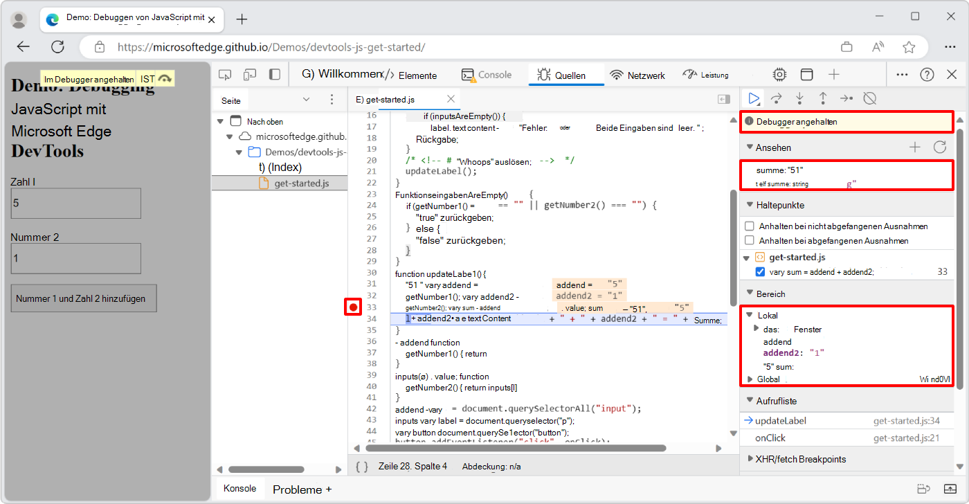 Aufrufen des Angehaltenen Modus des Debuggers