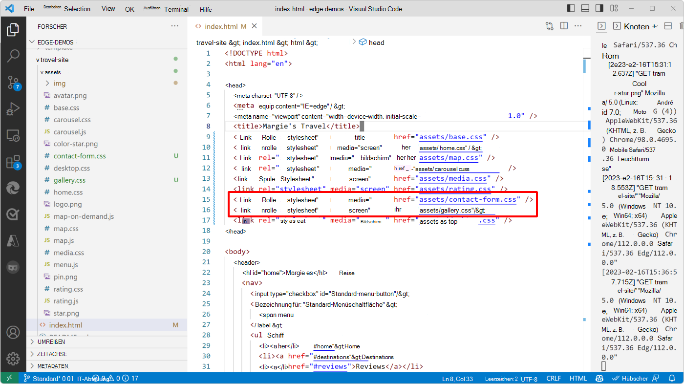 Visual Studio Code mit geöffnetem index.html, der anzeigt, wo sich die beiden Linktags befinden