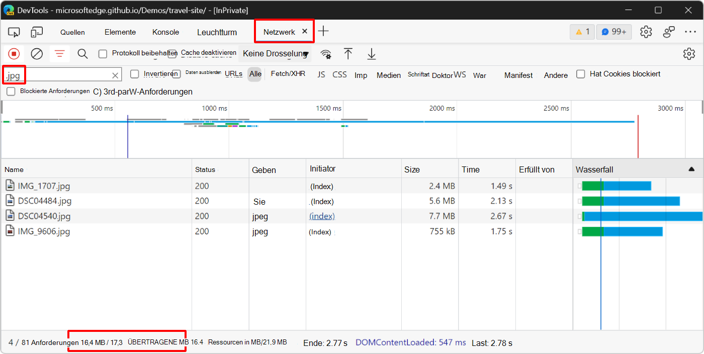 Das Netzwerktool mit den vier Bildanforderungen und der Gesamtmenge der übertragenen Daten