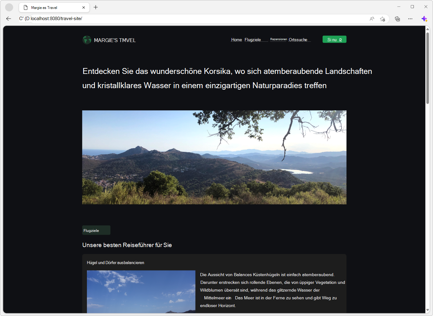 Demo der Reisewebsite in Microsoft Edge