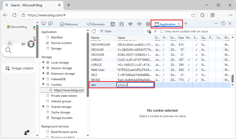 Hinzufügen von Text in den Zellen Name und Wert einer leeren Zeile