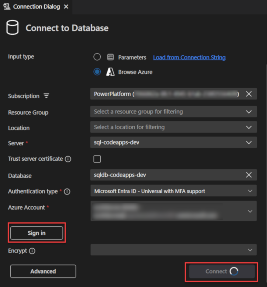 Verbindung mit Azure SQL database in VS Code