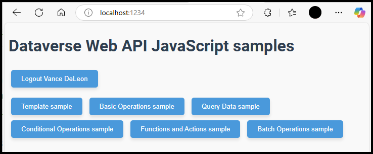 Die SPA-Beispielanwendung mit Schaltflächen zum Ausführen verfügbarer Beispiele