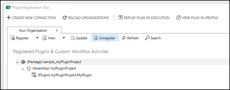 Anzeigen des Befehls „Registrierung aufheben“, während ein Plug-In-Paket ausgewählt ist.