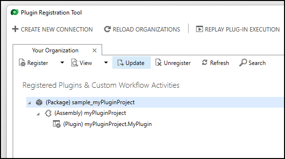 Anzeigen des Befehls „Aktualisieren“, während ein Plug-In-Paket ausgewählt ist.