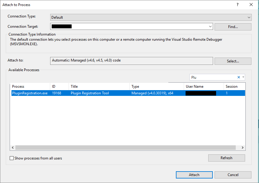 Dialogfenster „An Prozess anhängen“.