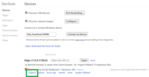 Screenshot der Microsoft Edge DevTools Inspect-Seite mit den Verbindungsoptionen für Remote-Windows-Geräte.