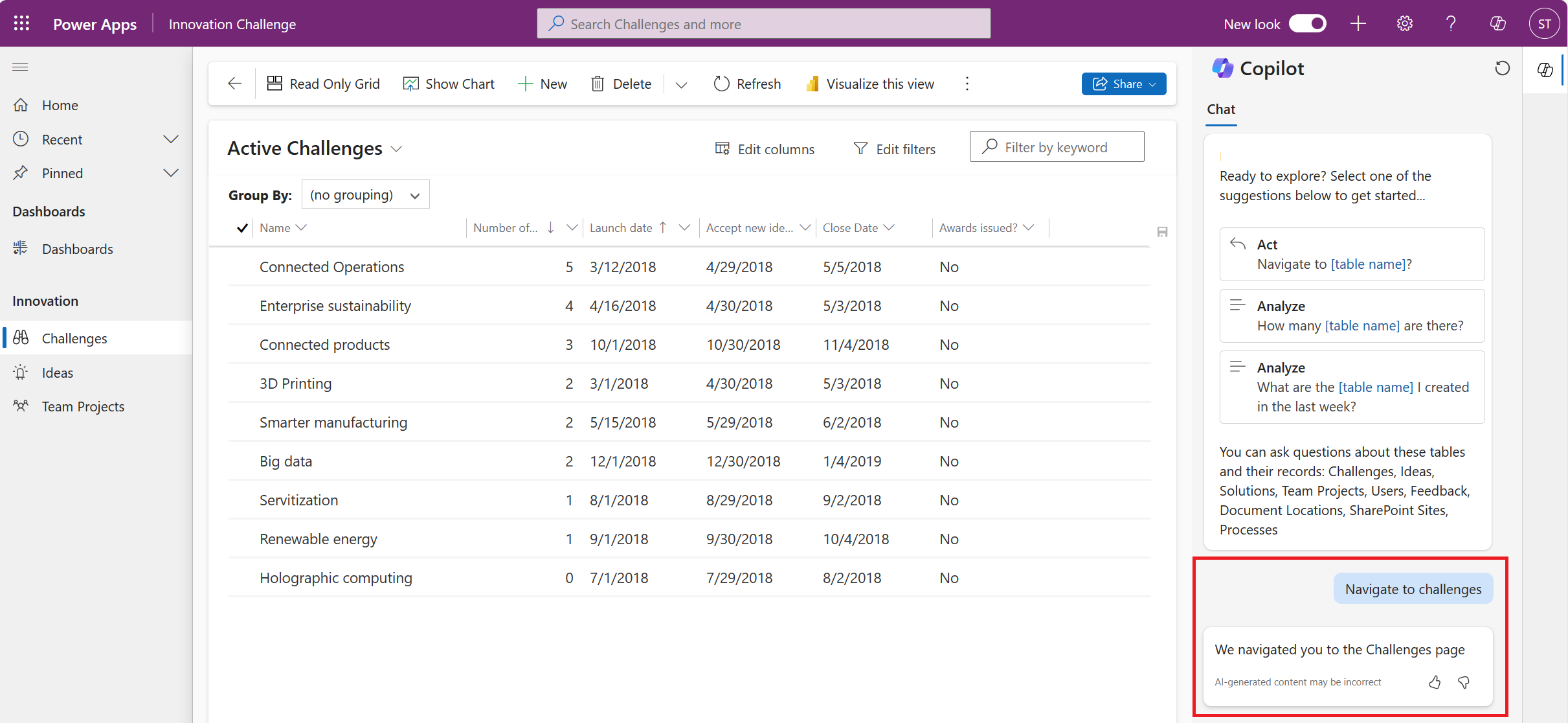 Screenshot, der anzeigt, dass Copilot eine Seite als Reaktion auf eine Anforderung geöffnet hat.