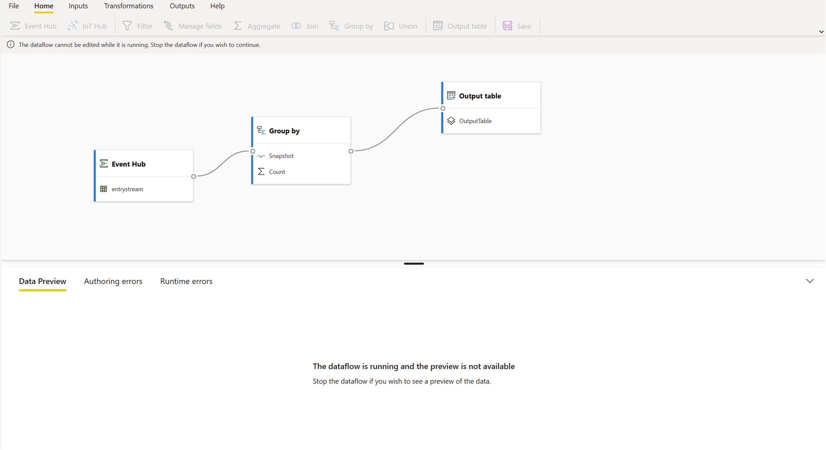 Screenshot: deaktivierte Datenvorschau, wenn ein Streaming-Dataflow ausgeführt wird
