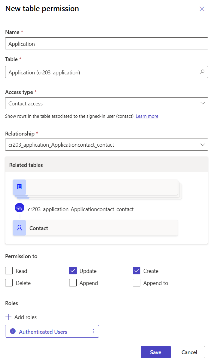 Hinzufügen von Berechtigungen für die Anwendungstabelle.