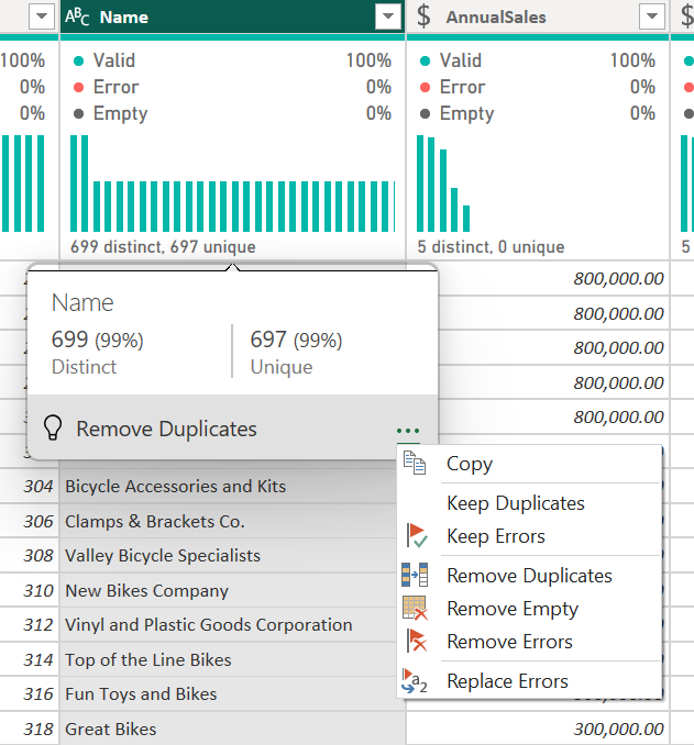 Screenshot of the data profiling tools with the column distributions options emphasized.