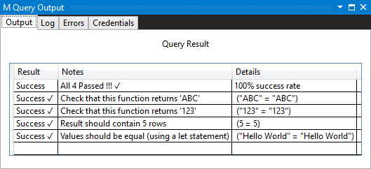 Screenshot der Visual Studio M-Abfrageausgabe mit einem Beispiel für Passraten.