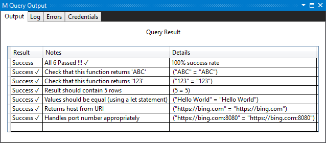 Screenshot der Visual Studio M-Abfrageausgabe, in der alle Tests bestehen.