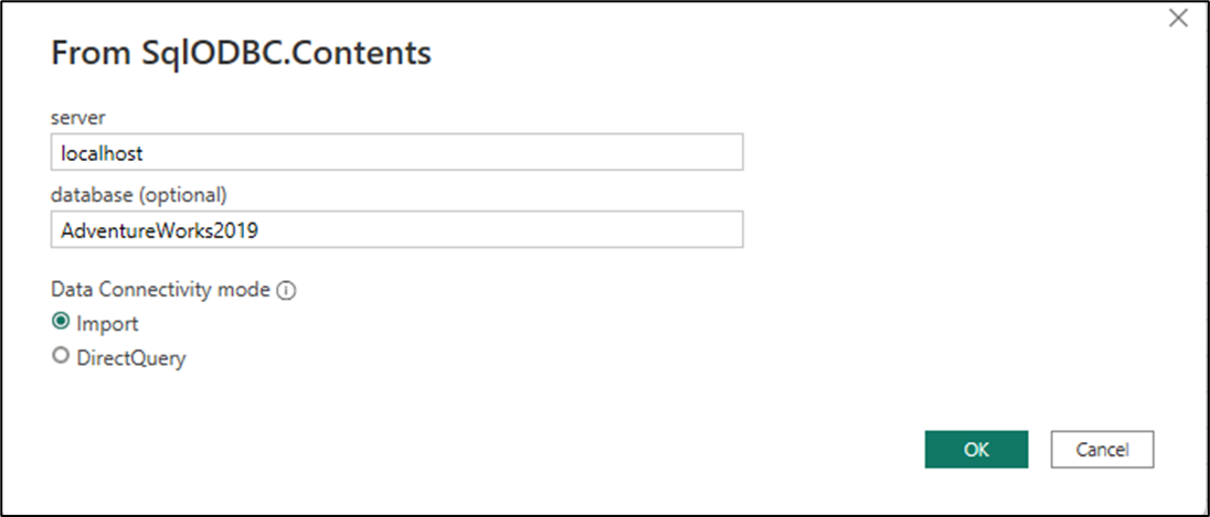 Screenshot des Connectordialogfelds mit Server und Datenbank als Parameter.