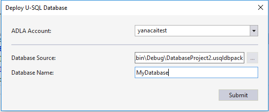 Data Lake Tools für Visual Studio --Bereitstellungsassistent für U-SQL-Datenbankprojekte