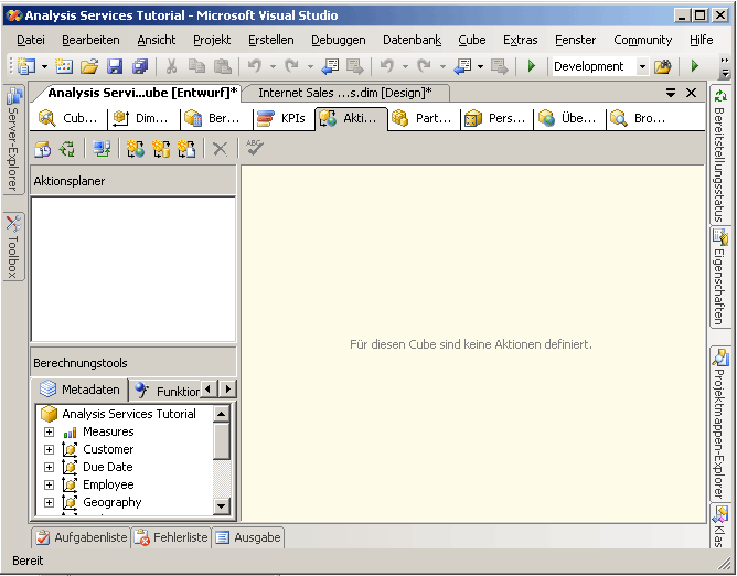 Registerkarte 'Aktionen' des Cube-Designers