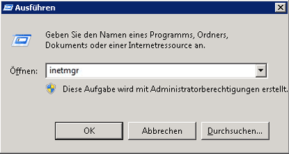 Screenshot eines Ausführungsbefehls mit "Inetmgr"