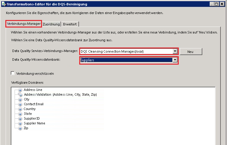 Transformations-Editor für die DQS-Bereinigung – Lieferanten (KB)