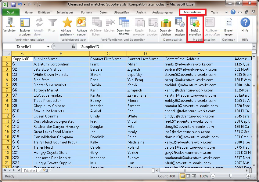 Excel – Masterdaten (Registerkarte) – Entität erstellen (Schaltfläche)
