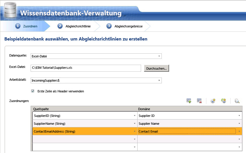 Seite "Zuordnen" bei der Definition der Abgleichsrichtlinie