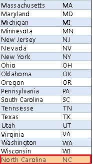 Excel – Hinzufügen von North Carolina zu Bundesstaaten