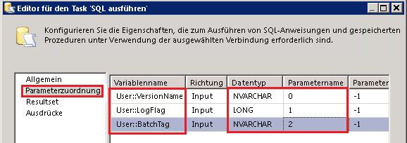Editor für den Task "SQL ausführen" – Parameterzuordnung