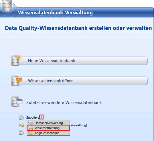Menü "Wissensermittlung" auf der Hauptseite
