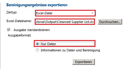 Bereinigungsergebnisse exportieren (Seite)