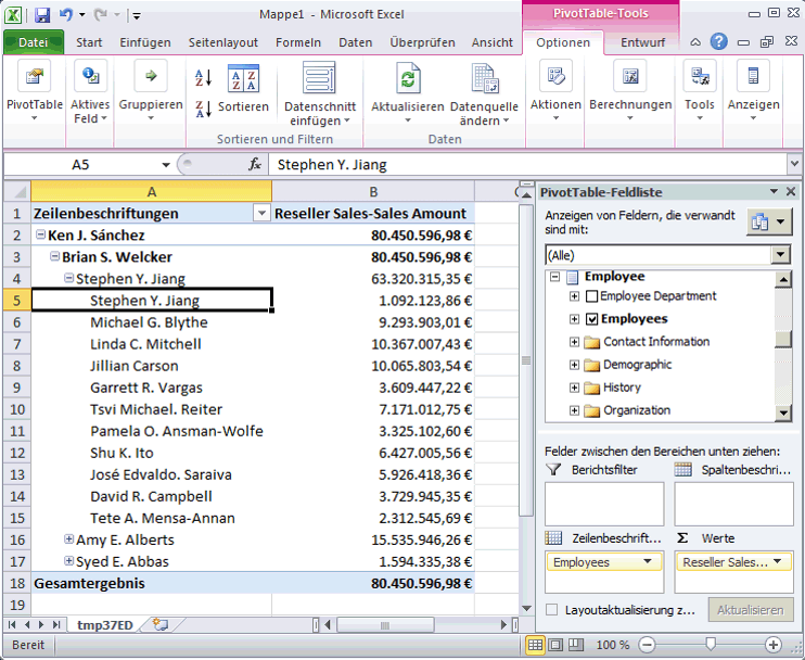 PivotTable mit der Employees-Hierarchie