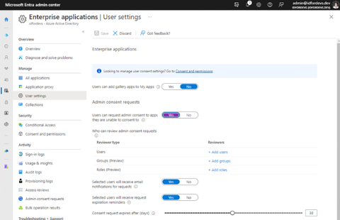 Screenshot der Benutzereinstellungen im Microsoft Entra Admin Center zur Konfiguration der Administratorzustimmungsanforderungen.
