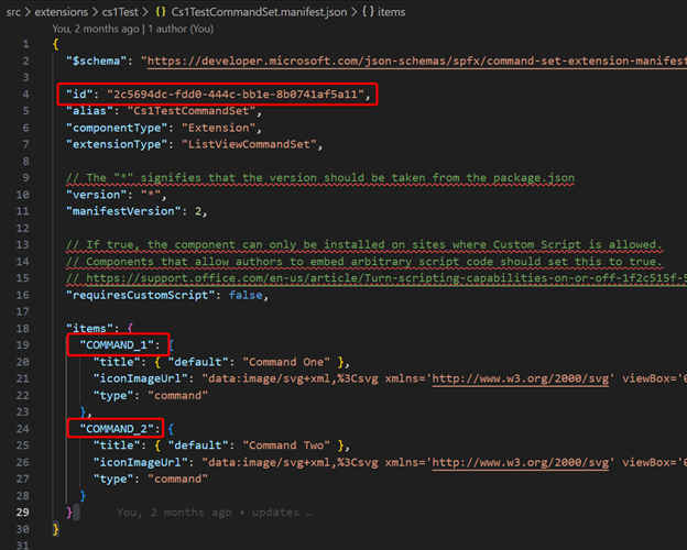 zeigt, wie Sie den Befehlsschlüssel für einen benutzerdefinierten Befehl erstellen, der über eine SPFx ListView Commmand Set-Erweiterung erstellt wird. 