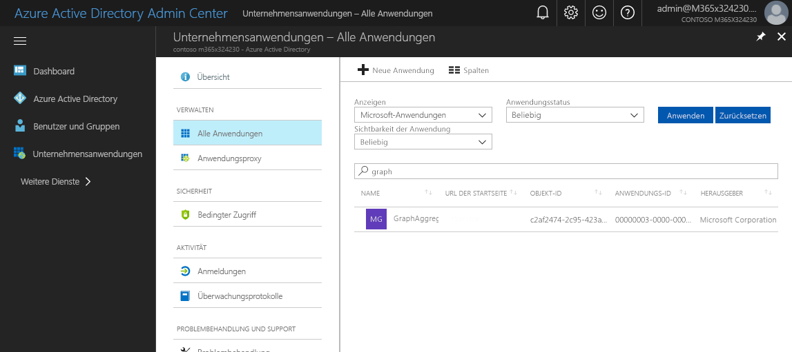 Suchen nach „Graph“ in der Liste der verfügbaren Azure AD-Anwendungen im Azure AD-Portal