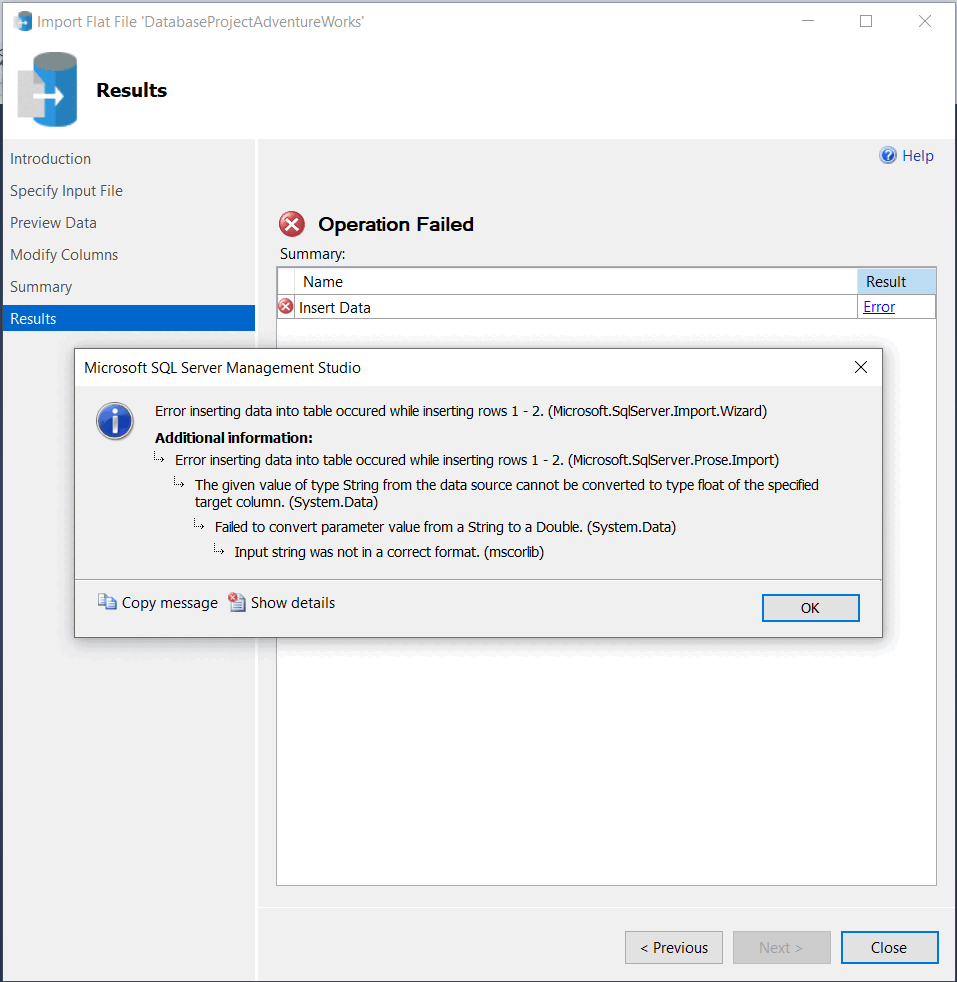 Screenshot eines Fehlers in den Berichtsergebnissen des Assistenten zum Importieren von Flatfiles
